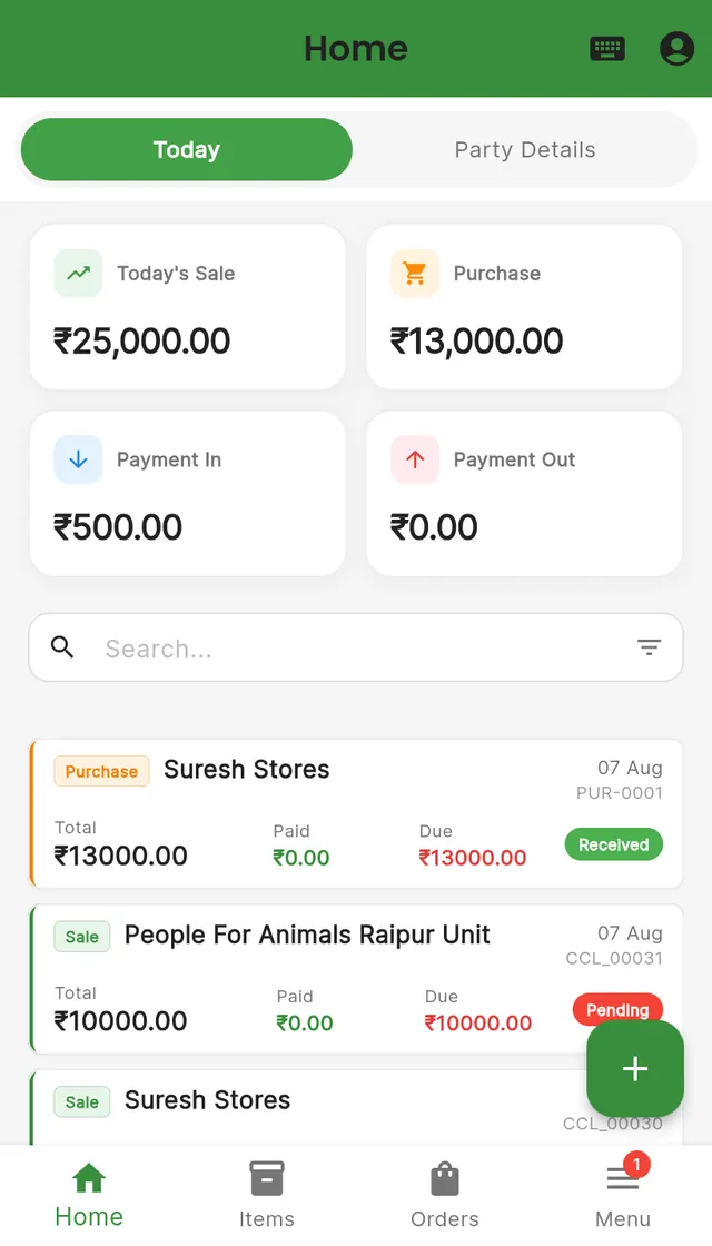 Bill Clarity home screen showing today's sales, purchases, and recent invoices