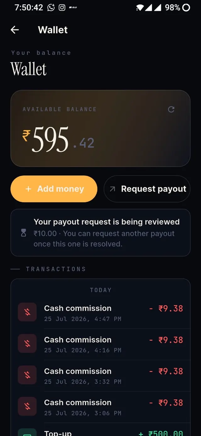 ZoRide captain app wallet showing balance and payout requests