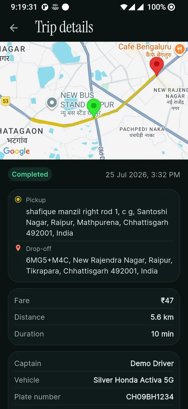 ZoRide rider app showing a completed trip with route, fare, and captain details