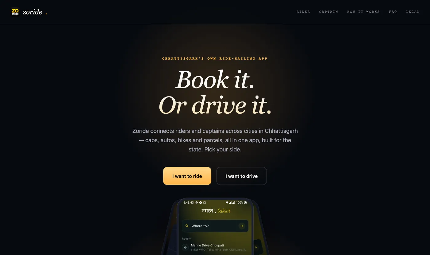 ZoRide marketing site, showing the rider and captain sign-up options